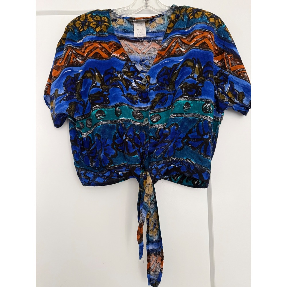 Vintage Options Melrose 90s Abstract Floral Tie Front Crop Top Blue Orange S